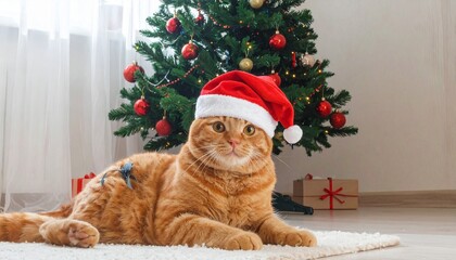 A ginger cat in Santa hat sitting near wrapped gifts and a decorated Christmas tree in a cozy room.