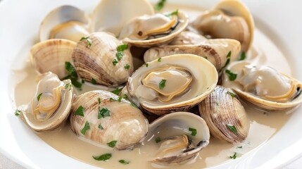 Clams in white wine sauce closeup with bright studio lighting