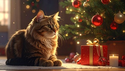 A fluffy tabby cat lying near a decorated Christmas tree with glowing lights and festive ornaments.