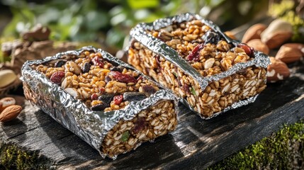 Two compact energy bars wrapped in foil sit on a wooden surface with blurred natural green foliage in the background