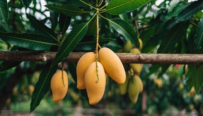 Ripe Mangoes Hanging from a Tree Branch in Orchard
