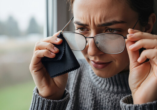 A young woman wipes her foggy glasses with a cloth and looks worried indoors.