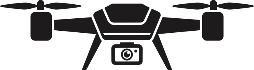 Black silhouette vector illustration of a quadcopter drone with camera, isolated aerial technology icon for surveillance and design on white background