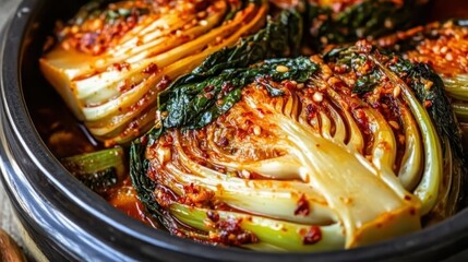 Close up image of spicy Korean kimchi in a black bowl