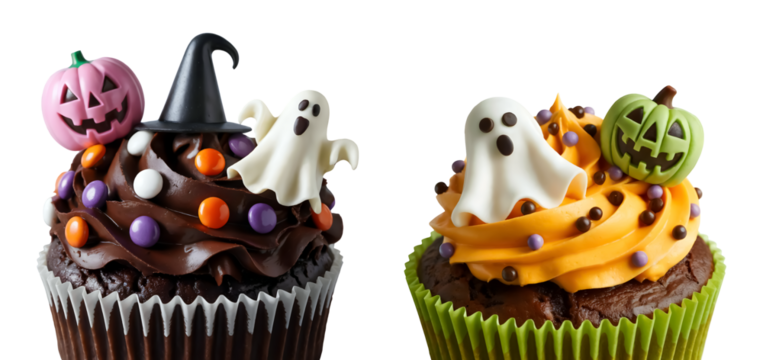 Spooky Halloween cupcakes with ghosts and pumpkins make a perfect treat for a festive celebration isolated on png transparent background