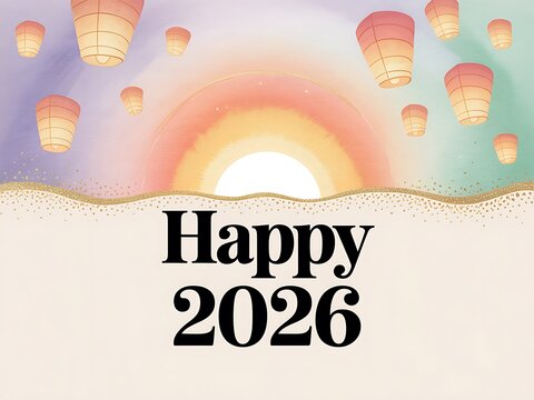 Warm glowing lanterns ascend into a soft pastel sky at sunrise celebrating the hopeful arrival of happy new year 2026