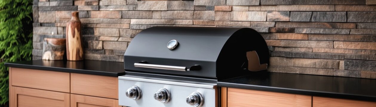 Black Grill Built-In Outdoor Kitchen with Stone Backsplash, grill ,outdoor kitchen