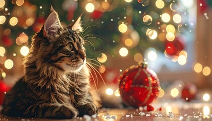 A fluffy tabby cat lying near a decorated Christmas tree with glowing lights and festive ornaments.