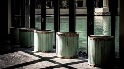 Vintage wooden planters with metal bands arranged near a water feature and large windows