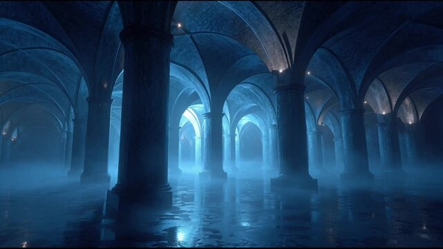 Underground Gothic Crypt With Massive Stone Pillars