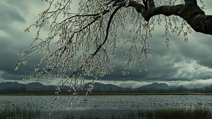 Weeping willow branches droop heavily over a calm body of water under a cloudy sky with distant mountains