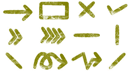 A collection of hand-drawn olive green grunge style icons, including various arrows, a checkmark, a cross, and other symbols on a white background.