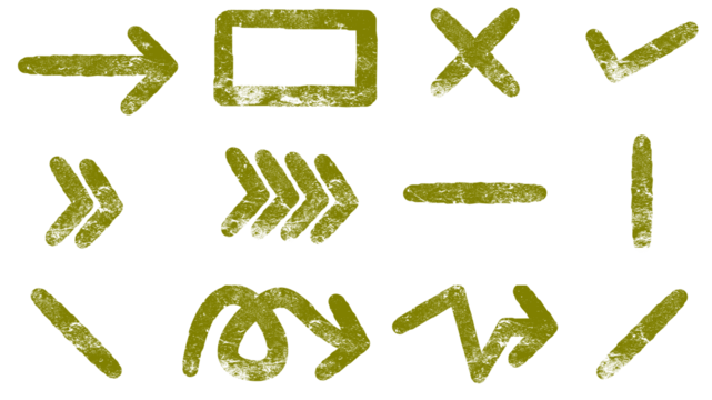 A collection of hand-drawn olive green grunge style icons, including various arrows, a checkmark, a cross, and other symbols on a white background.