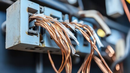 Close up of a tangle of frayed copper electrical wires connected to a blue electrical panel in a network system