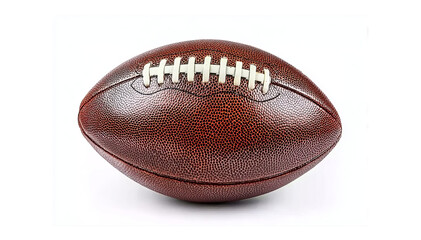 photo of an american football on a white background, isolated with a clipping path. a classic brown leather american football with white stripes. close-up view of the top half of the ball. isolated on