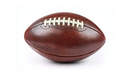 photo of an american football on a white background, isolated with a clipping path. a classic brown leather american football with white stripes. close-up view of the top half of the ball. isolated on