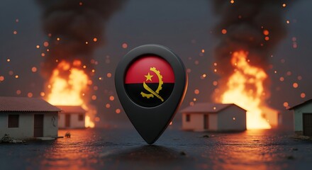 Angola crisis location pin with burning houses, conveying a sense of urgent need for support during conflict and disaster relief efforts worldwide