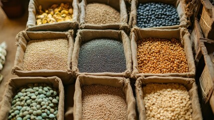 Close up of a variety of colorful grains in rustic baskets