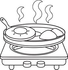 Pan with egg breakfast cooking line art illustration with steam rising for morning meal and food concept design