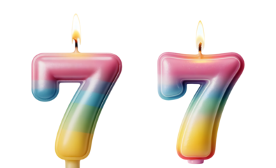Seventy seven shimmering birthday candles glow brightly for milestone celebration party invitations isolated on png transparent background