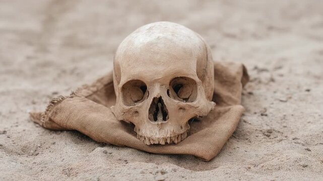Human skull resting on fabric in sandy environment, representing themes of mortality and archaeological excavation 4k video footage