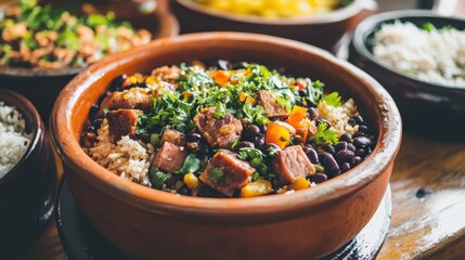 Close up of Brazilian Feijoada with beans and meats in pot