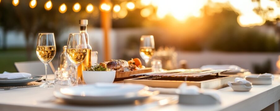 Elegant Outdoor Dinner Wine Glasses, String Lights and Grilled Food, Sunset, dinner party - Powered by Adobe