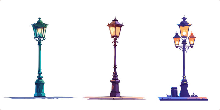 Set of vector illustration of a vintage street lamp with glowing lights and artistic shadows on white background. Vector illustration on white background