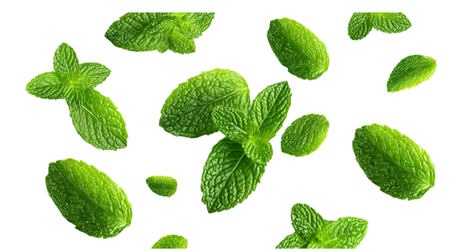 mint leaves floating in the air on a white background, top view. flat lay composition for product design of mint tea or food and drink ingredients. isolated flat lay with space for text. high-quality  - Powered by Adobe