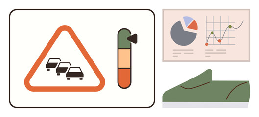 Traffic congestion warning with level indicator, analytics charts with pie and line graphs, and green shoe profile. Ideal for mobility, innovation, safety, data analysis, performance, design flat