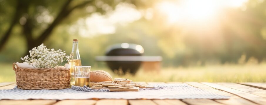 Golden Hour Picnic Basket, Wine and Snacks on a Wooden Table in Nature, picnic, outdoor