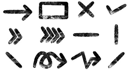 A collection of hand-drawn grunge style arrows and symbols, including checkmarks, crosses, and shapes, isolated on a white background.