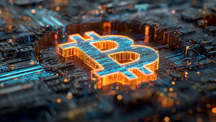 Closeup of glowing bitcoin symbol on a computer circuit board background