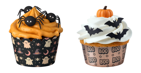 Delightful Halloween cupcakes with spooky spider and bat decorations for festive holiday treats isolated on png transparent background