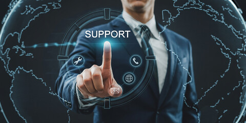 Businessman's finger touching the word SUPORT on a digital interface with icons SUPPORT