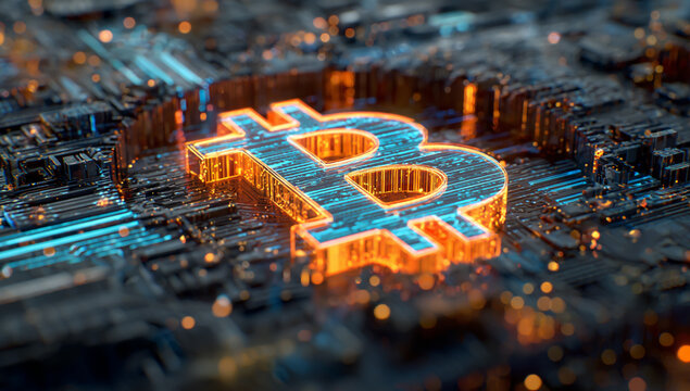 Closeup of glowing bitcoin symbol on a computer circuit board background