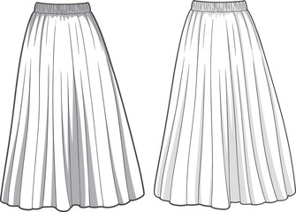 Pleated midi skirt fashion template, front and back technical sketch, women’s apparel design, vector clothing illustration for pattern making and fashion designers