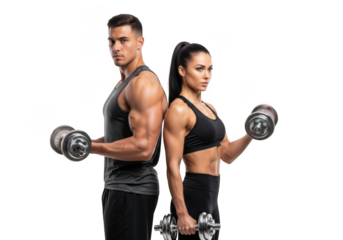 Muscular man and woman lifting dumbbells isolated on transparent background