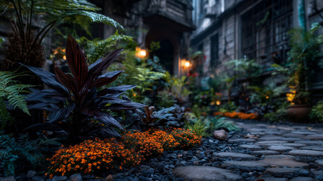 Black garden with a little bit of plants in the dark village , halloween mood.