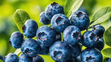 Close up of fresh ripe blueberries with leaves