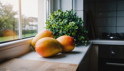Three Ripe Mangoes on Kitchen Countertop Next to Green Plant and Window