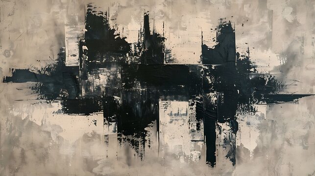 Powerful abstract artwork showcases strong black textured paint strokes, creating a striking visual impact on a serene neutral canvas