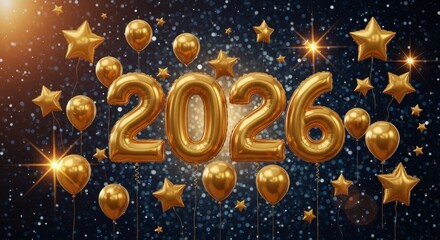 Golden Celebration for the Year 2026 - Celebrate the upcoming year 2026 with festive golden balloons and sparkling stars, symbolizing joy, hope, prosperity, new beginnings, and bright future