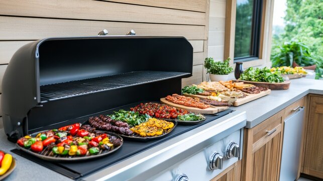 Grilled Feast Outdoor BBQ with Vegetables and Meat Platter, grilling, barbecue