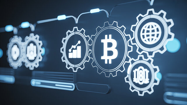 Digital interface with interconnected gears showing finance, and global network icons