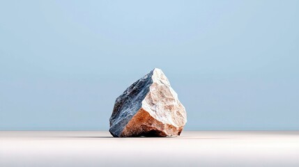 A solitary, angular rock with varied textures and colors rests on a smooth, light-colored surface under a pale blue sky.