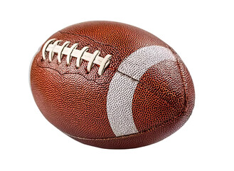 photo of an american football on a white background, isolated with a clipping path. a classic brown leather american football with white stripes. close-up view of the top half of the ball. isolated on