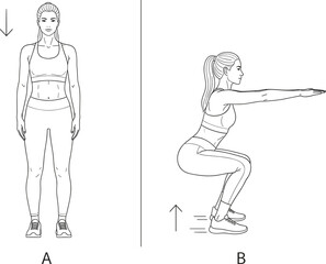 Woman performing bodyweight squat exercise with correct form, illustrating fitness routine and strength training techniques.