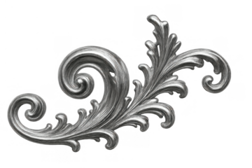 Silver ornate scrollwork ornament featuring detailed acanthus leaves and swirling flourishes on a transparent background, perfect for design