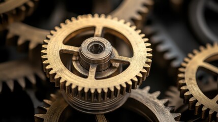 Close up of interlocking polished brass gears of varying sizes in a mechanical arrangement showcasing intricate engineering and metallic detail
